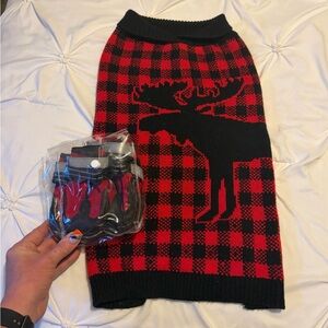 Red and Black Plaid Dog Sweater with Moose Design and matching booties